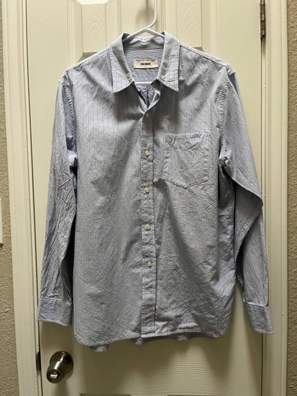 Buck Mason MAINSTAY COTTON SHIRT Light Blue SEA SALT Stripe Button-Up Shirt - L